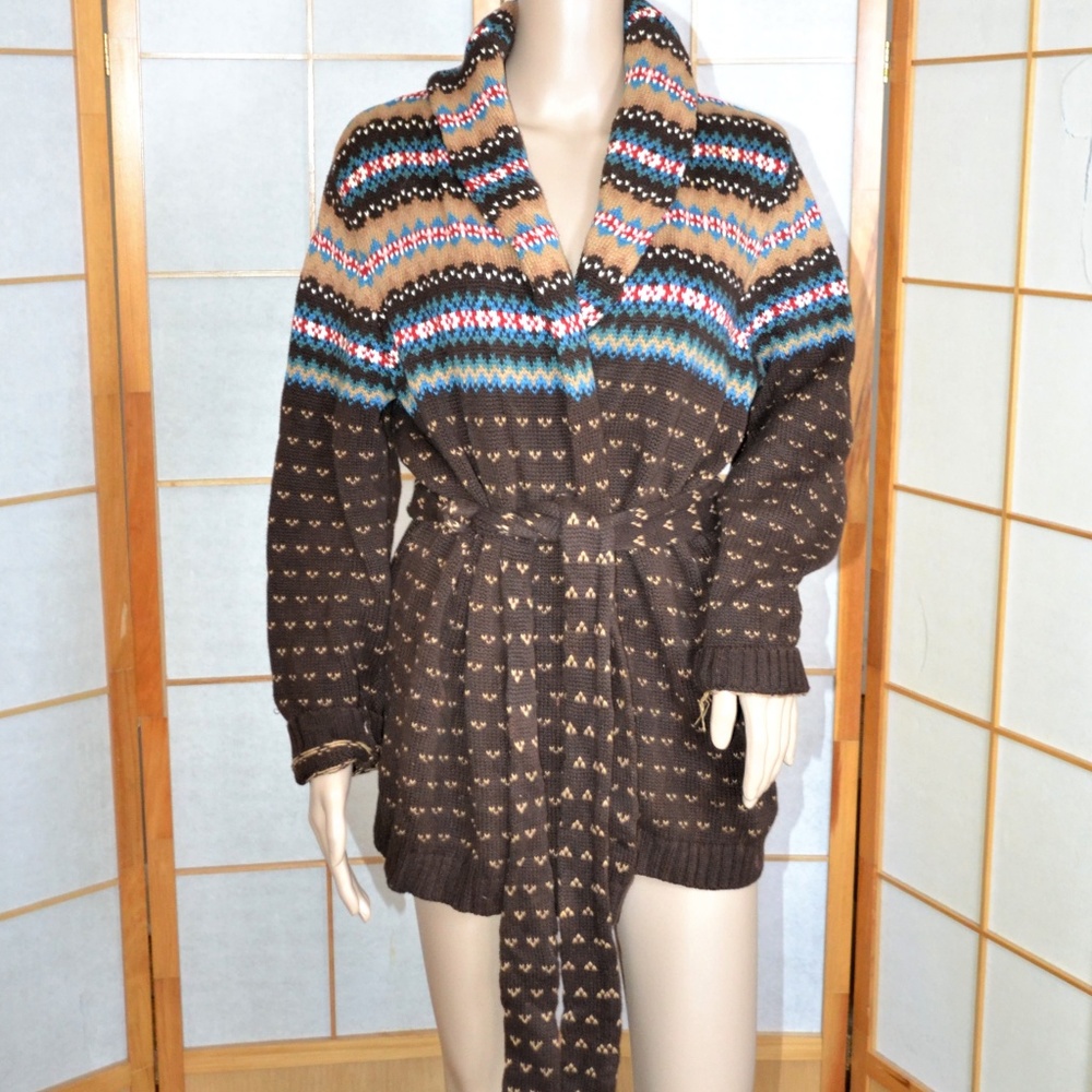 Chaps Fair Isle Brown& Blue Cotton Cardigan L - Picture 1 of 4